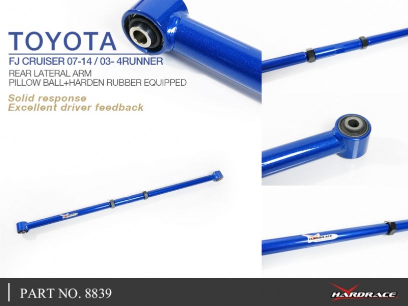Blue Toyota FJ Cruiser or 4Runner rear lateral arm with branding and specifications on a white background.