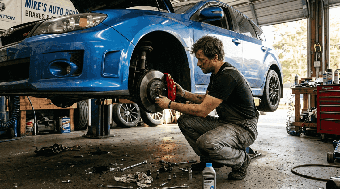Mechanic installing new brake caliper on car