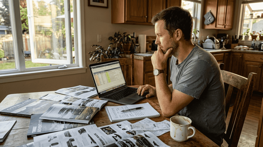 Man planning car accessories at cluttered table