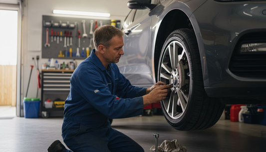 Mechanic replacing brake pads in garage
