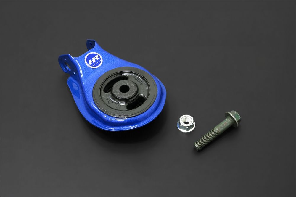 Blue mechanical component with black center and a bolt on a dark background