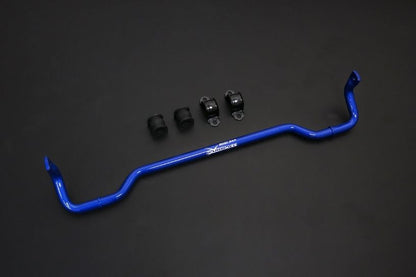 Blue suspension stabilizer bar with hardware on a black background