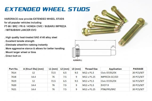 Hardrace - Extended Wheel Stud Scion FR-S, Subaru BRZ, Toyota 86